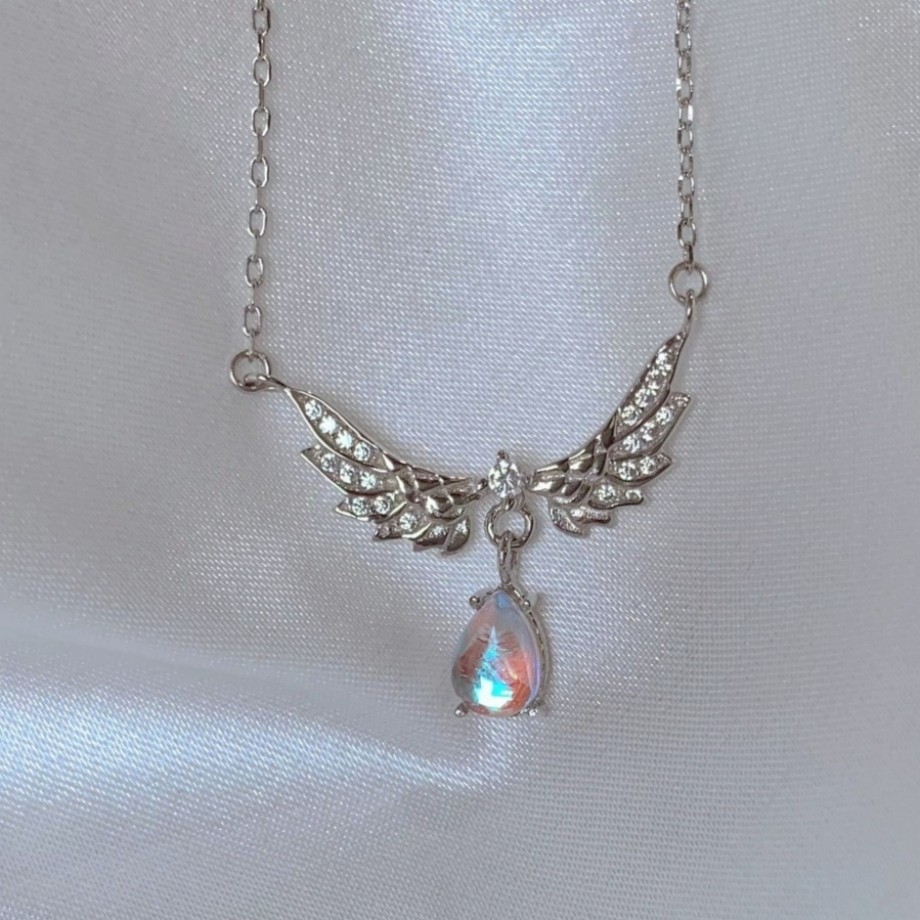 Sparkling Crystal Angel Wings Silver Plated Rainbow Teardrop Charm Necklace