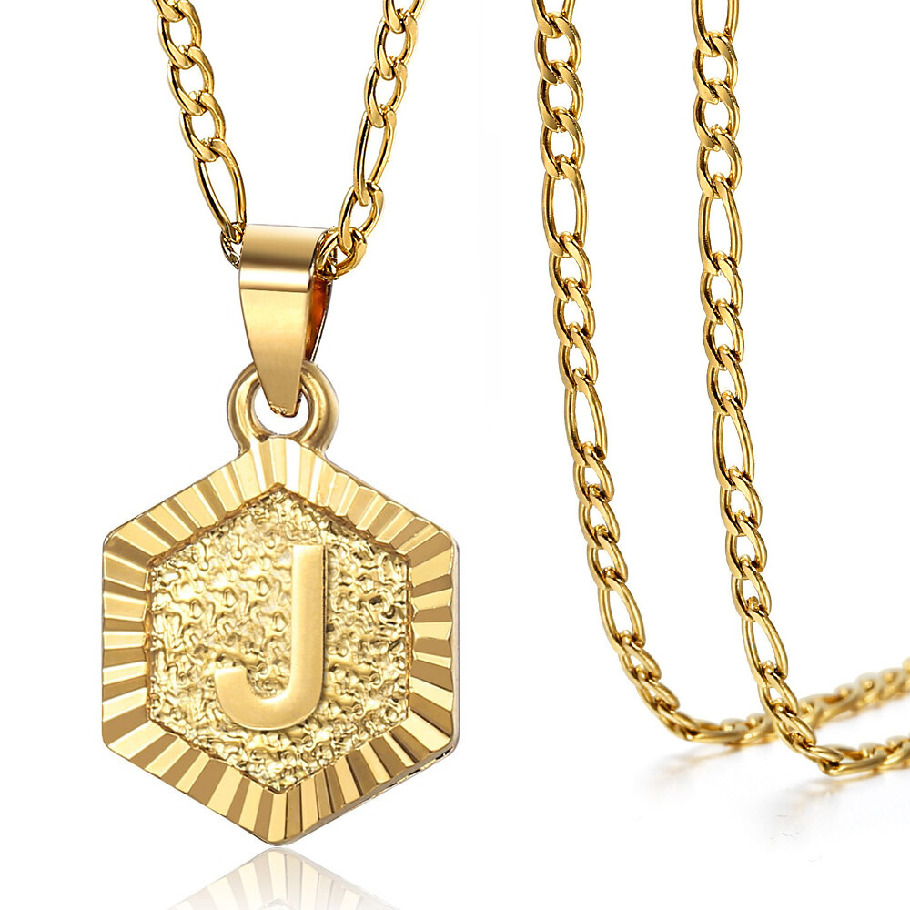 Hexagon Gold Plated Initial Necklace Letter Pendant Multi Chain Women Men Unisex