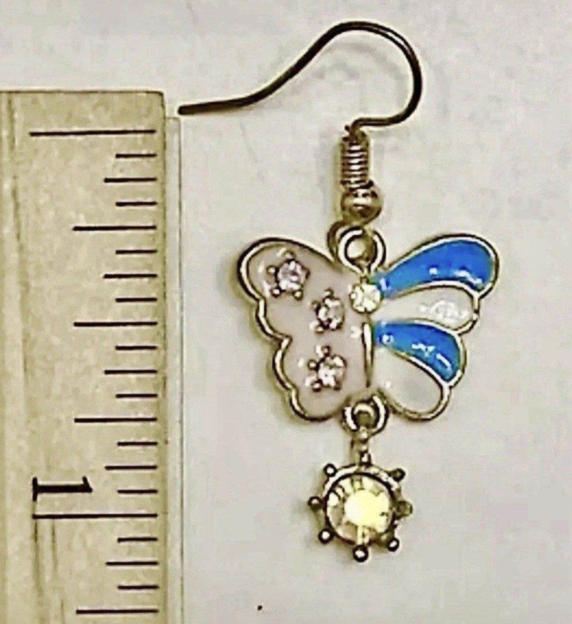 Gold Tone Blue Pink Enamel Rhinestone Butterfly Dangle Earrings NWOT