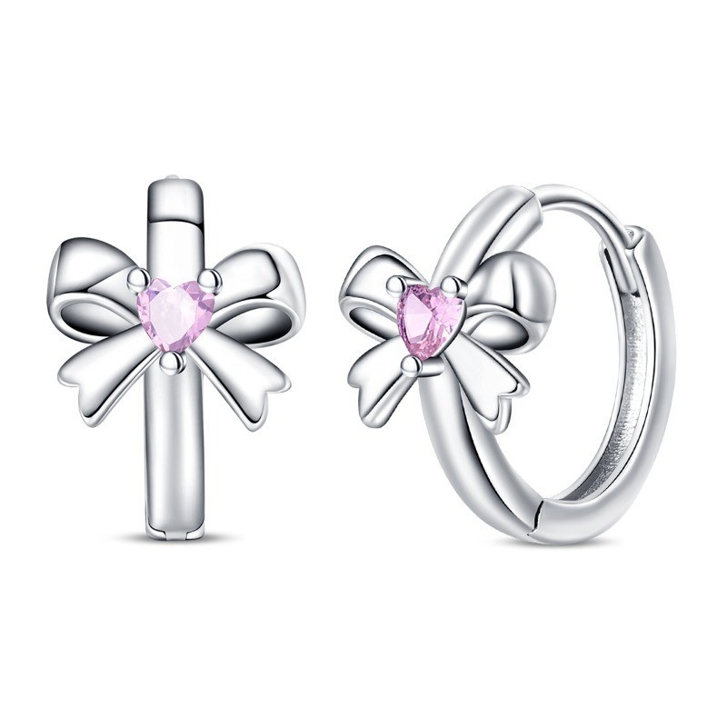 PANDACH Women Sterling Silver Girl CZ Bow Tie Huggie Hoop Earrings Birthday Gift