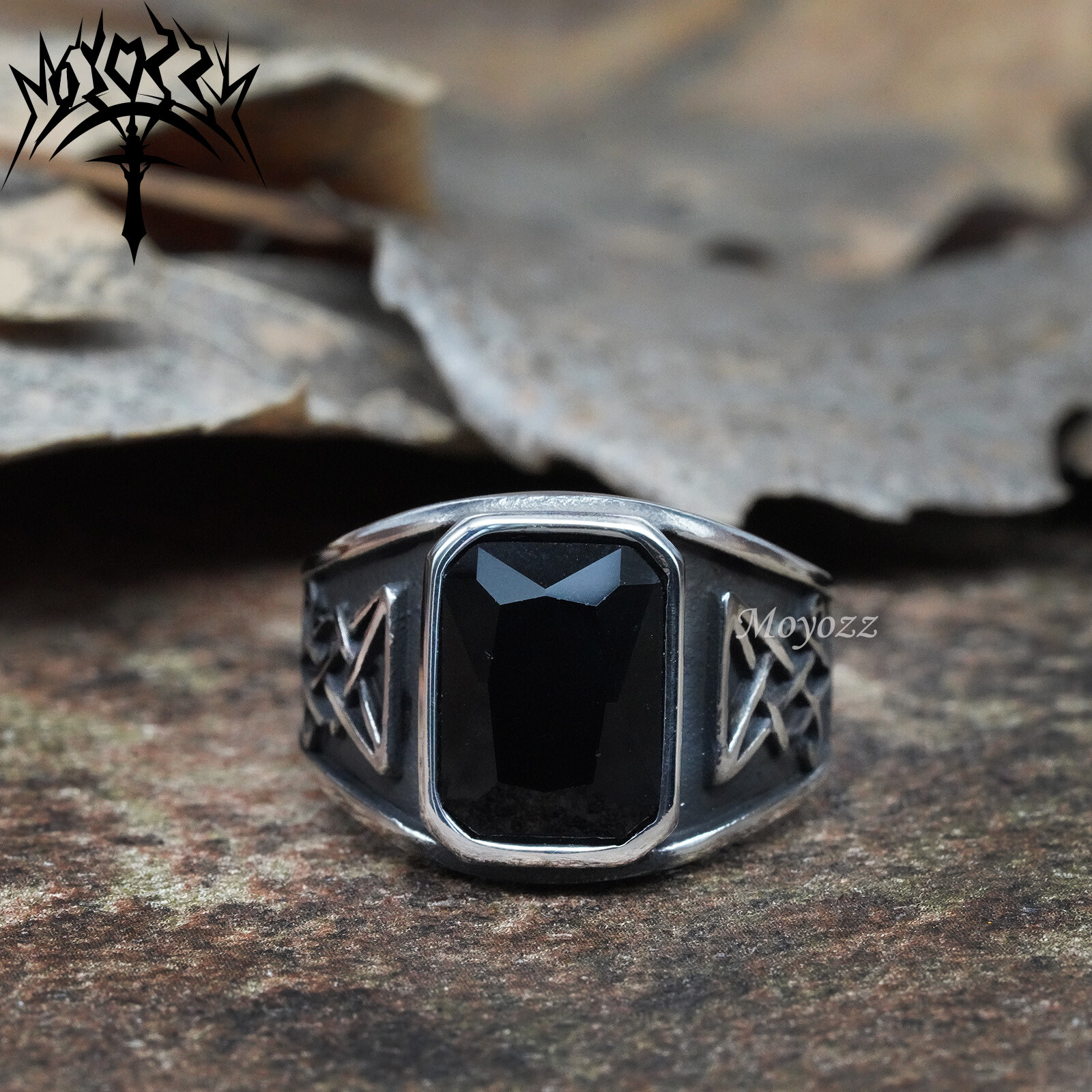 Fashion Mens Plated Stainless Steel Black Obsidian Stone Ring Men Size 7-15 Gift