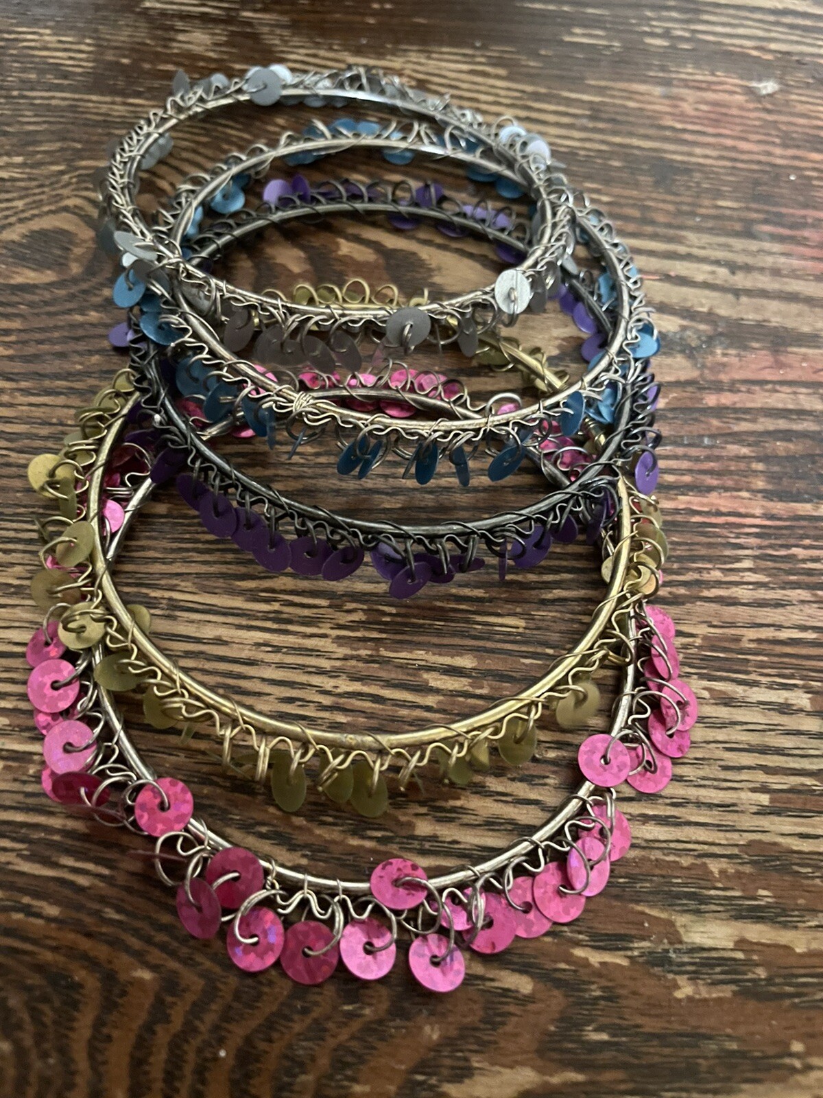 NEW Set Of 5 Sequin Bangle Bracelets Silver Gold Blue Pink Purple 2.5” Diameter
