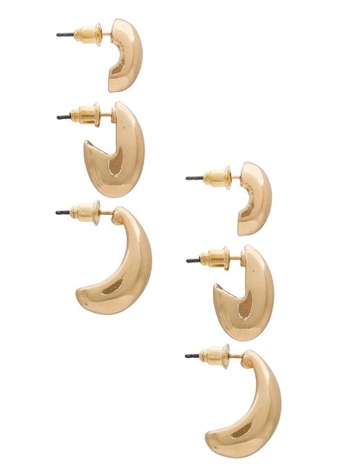8 Other Reasons Gold Plated Post Back Half Moon 3 Pair Earrings Set NEW