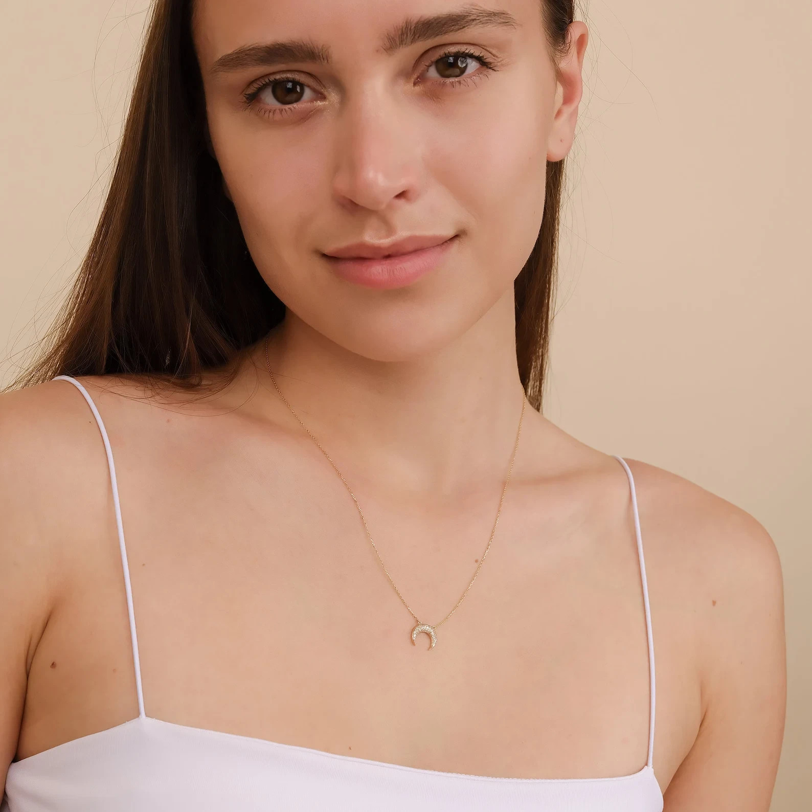 1.00 Ct Round EF VS Lab Grown Diamond Crescent Horn Necklace in 14K Solid Gold