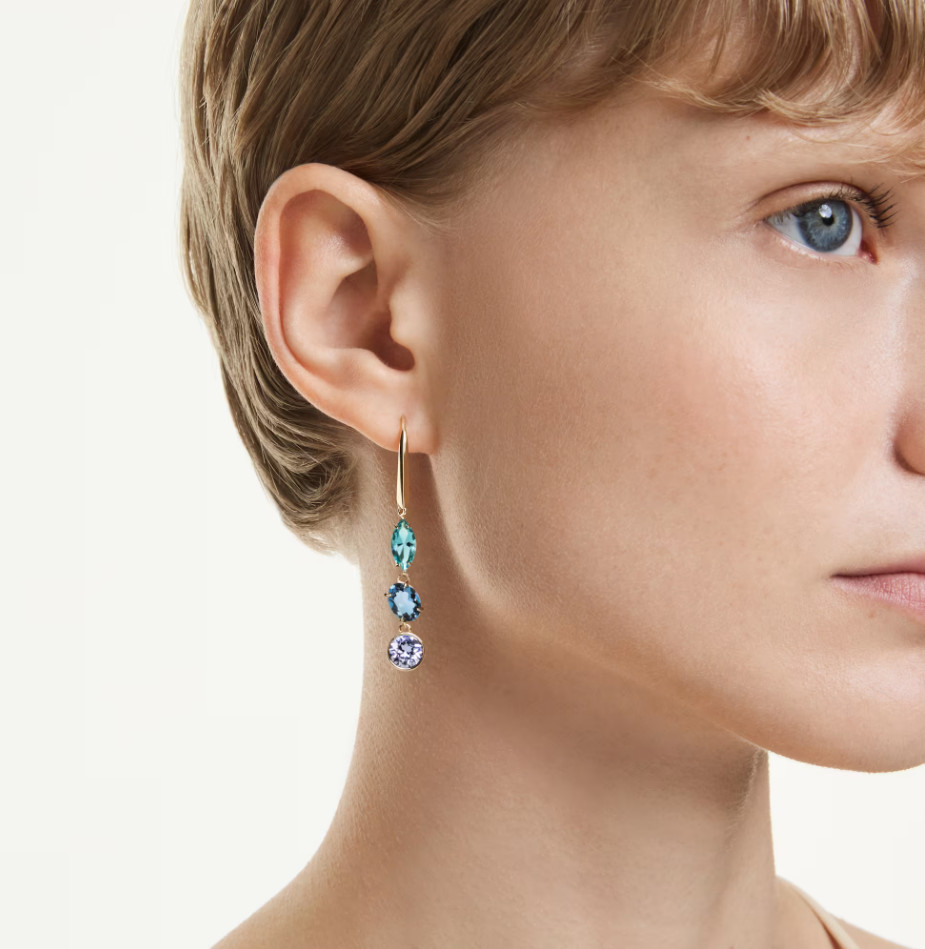 Swarovski Gema Asymmetrical Drop Earrings Multicolor Crystal Gold Tone