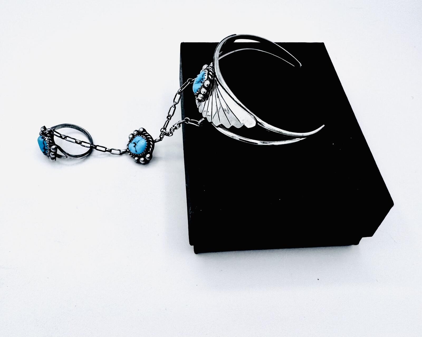 Navajo Native American sterling silver slave cuff;bracelet to hand chain to ring