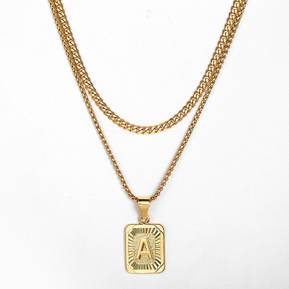 Mens Gold Plated Stainless Steel Cuban Chain Initial Letter Pendant Necklace Set
