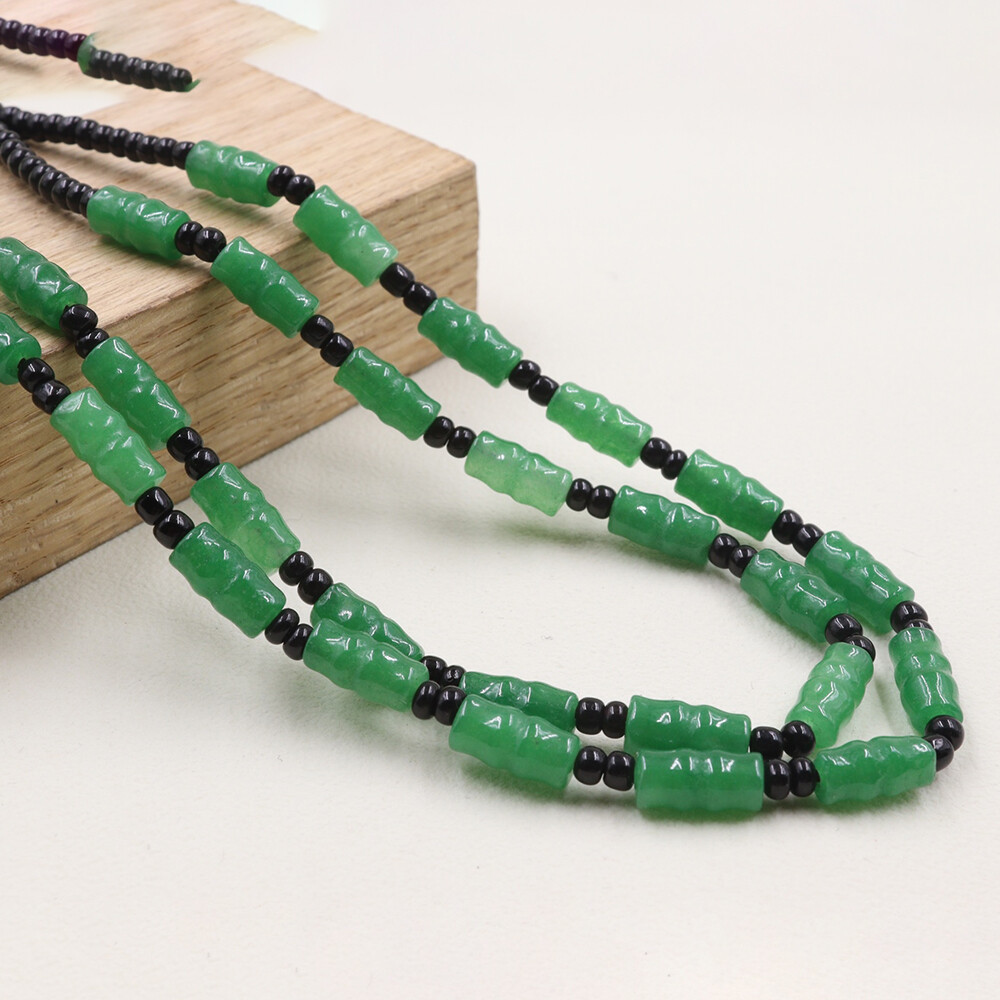 Real Chinese Heated Green Jade Lucky 10*5mm Lucky Bamboo Beads Necklace 23.6inch