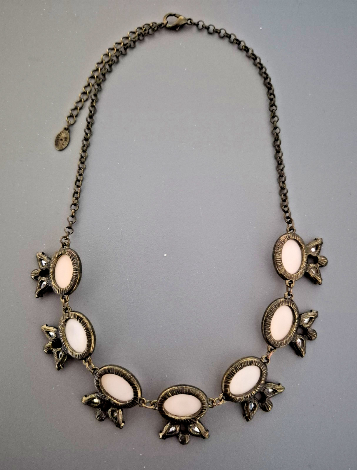 Robert Rose Necklace Pale Blush Cabochon Gray Rhinestone Antiqued Bronze Tone