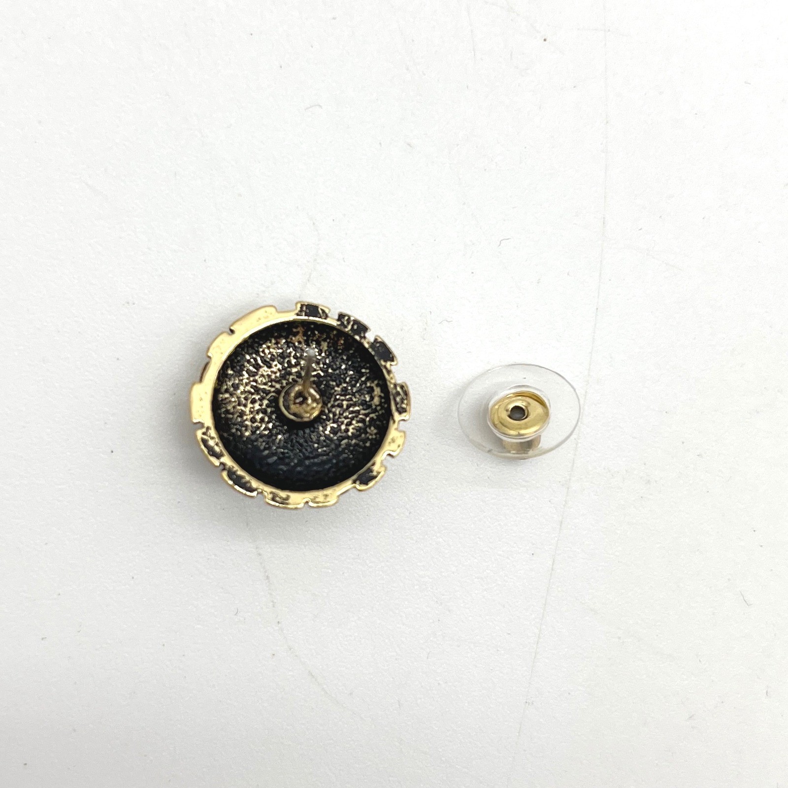 Plunder Design Smoke Grey Crystal Stud Earrings Antiqued Gold Scalloped Round