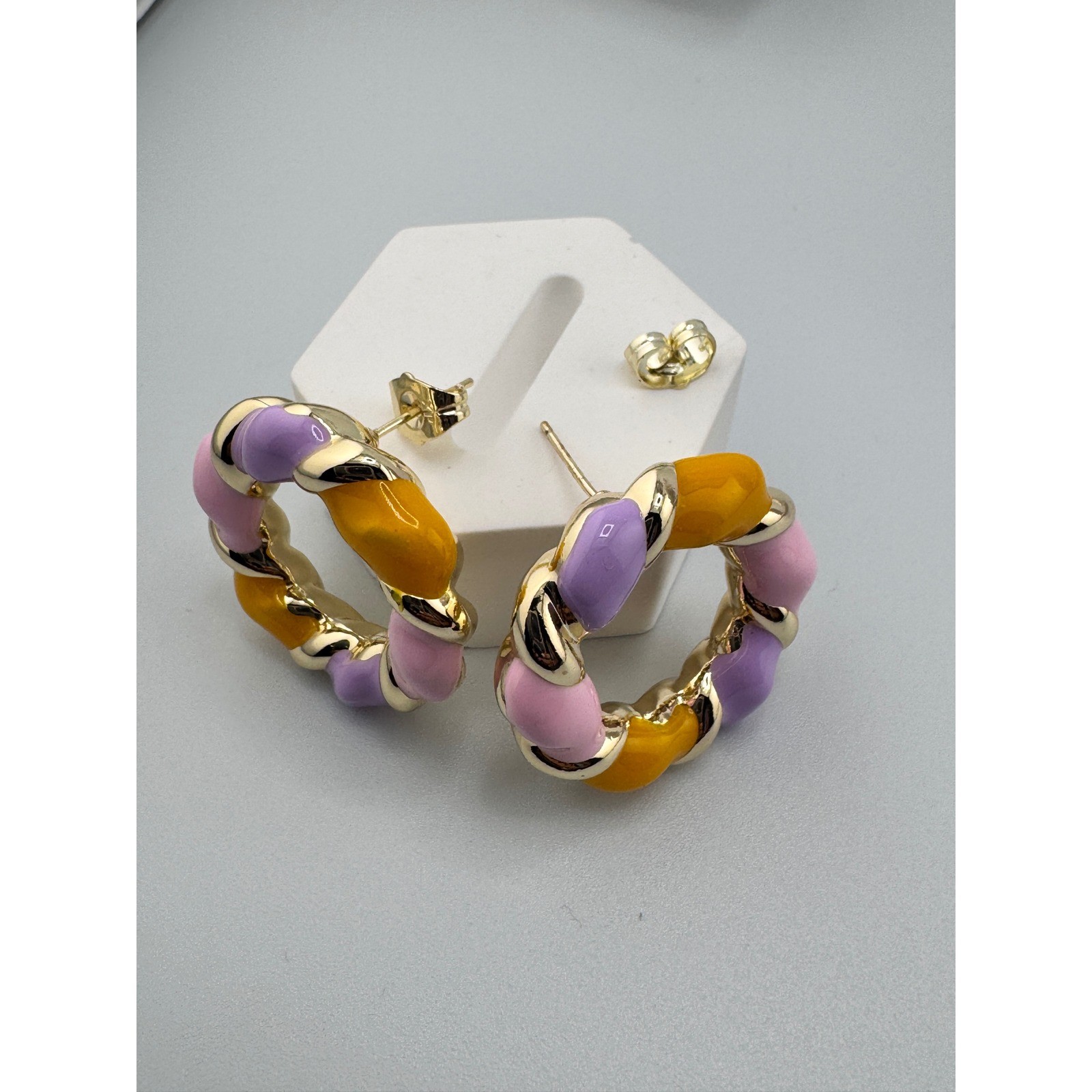 14K Gold Plated Pastel Enamel Twist Hoop Earrings Pink Purple Yellow Chunky NEW
