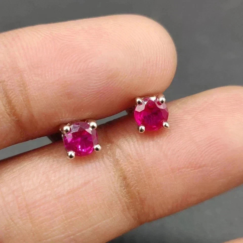 Round Cut Simulated Ruby Women’s Stud Earring 14k White Gold Plated 4mm