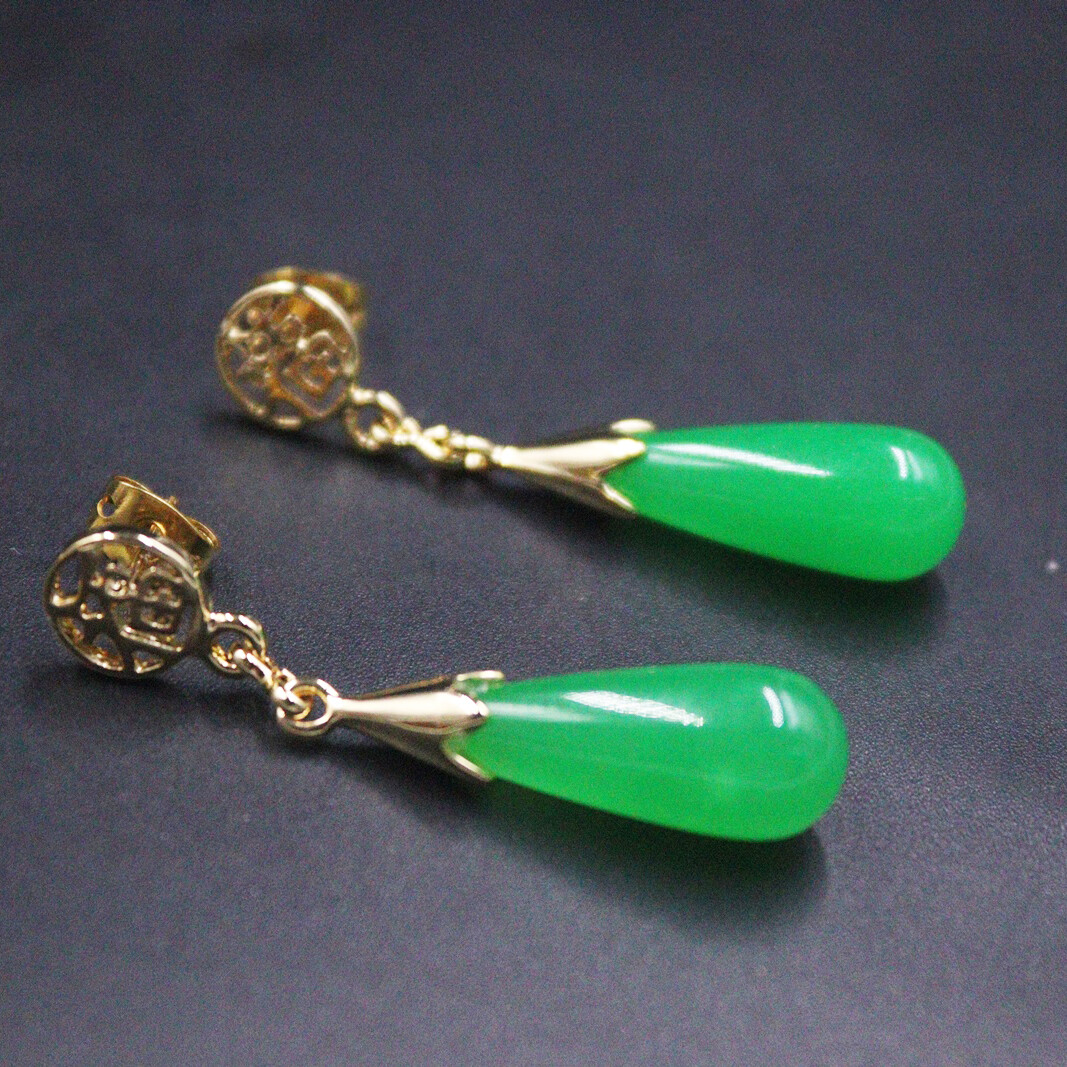 Handmade Chalcedony Earrings Hook 18K Gold Plated Green Jade Earrings Dangle