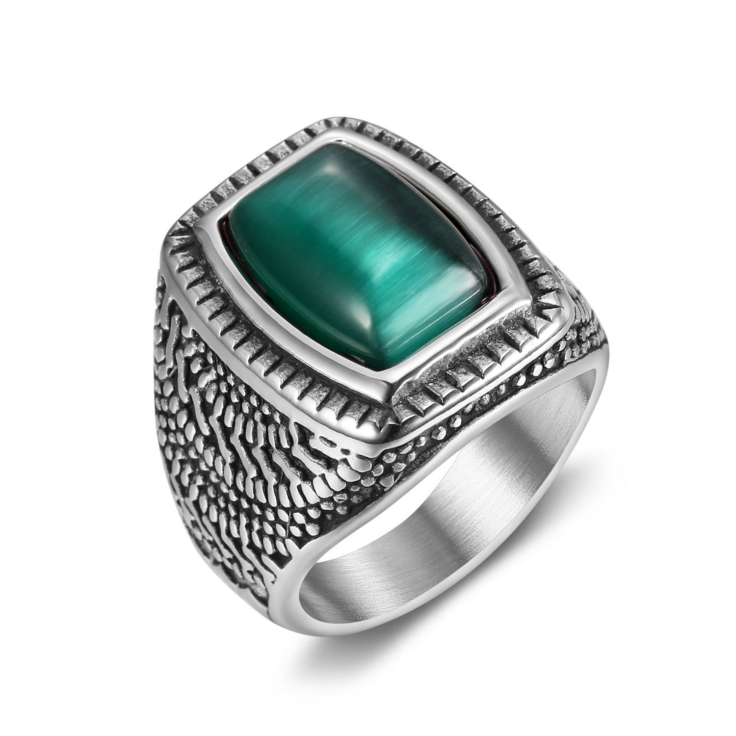 Mens Stainless Steel Green Stone Bold Ring minimalistic simple antique Ring 7-15