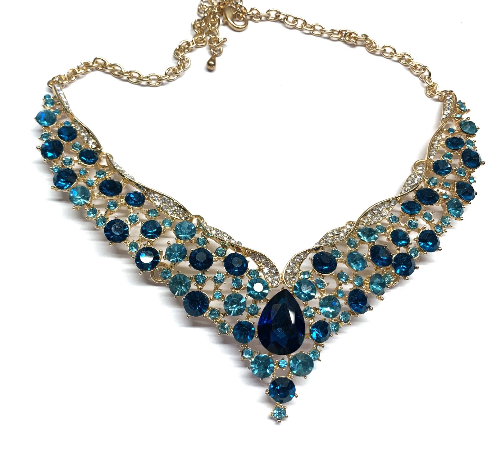 Aqua Teal Crystal Choker Rhinestone Necklace Earring Set Bridal Prom Pageant