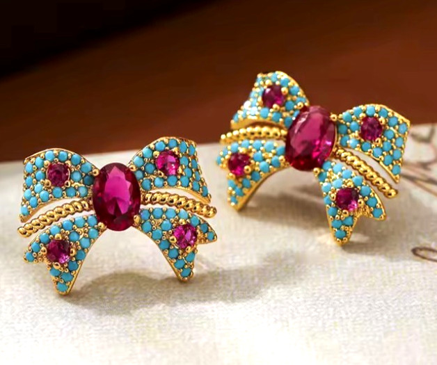 Super Cute Sparkly Blue Red BOW Rhinestone Gold Betsey Johnson Earrings