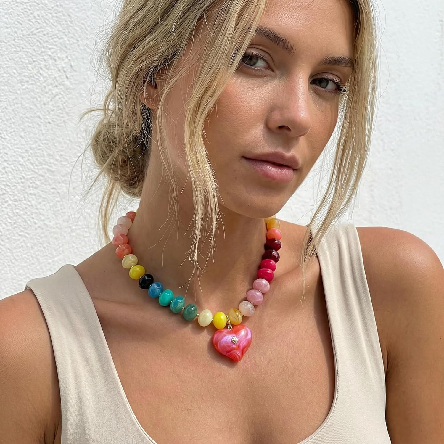 Chunky Heart Necklace for Women, Colorful Acrylic Beaded Statement Puff Heart Ne