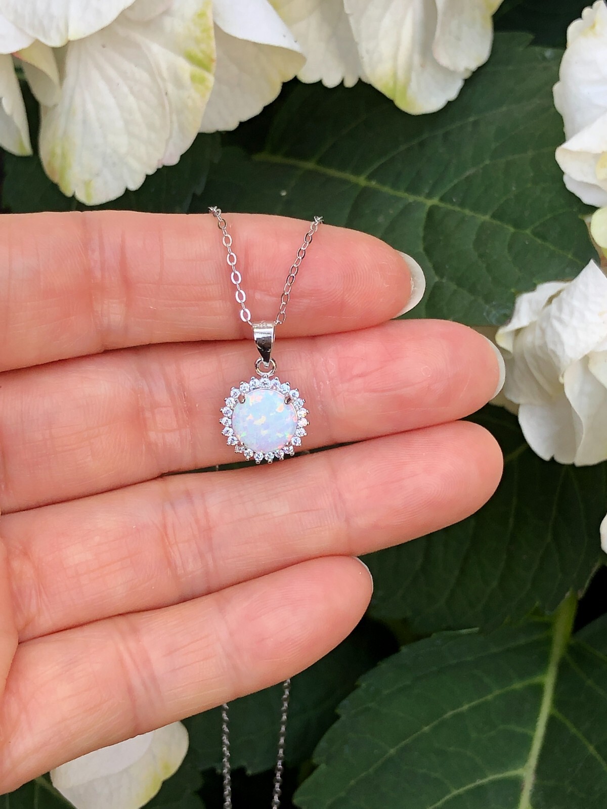 925 Sterling Silver White Opal Halo Pendant Necklace Cz 10mm 16-18″ Simulated