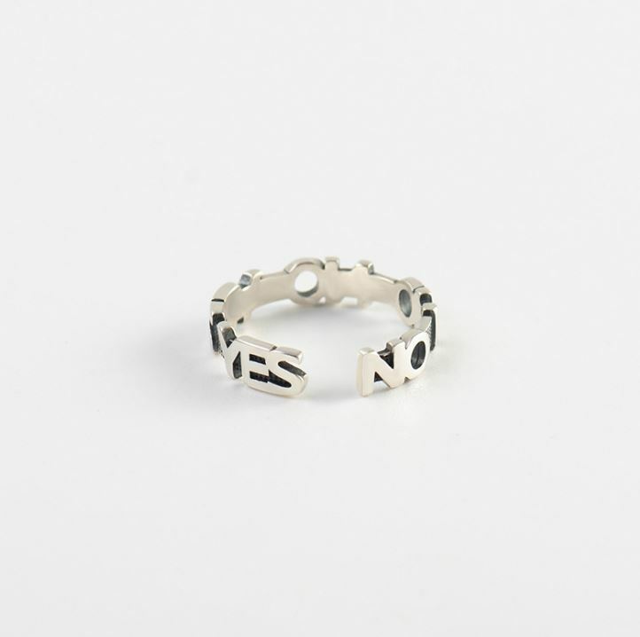 Women Retro Sterling Silver 925 YES NO Letter OPEN Adjustable RING Gift Box