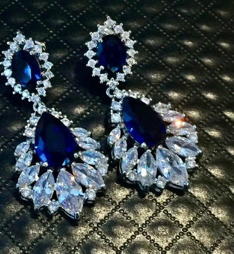 18k Platinum Plated Earrings Made Simulated Diamond Blue Marquise Stone