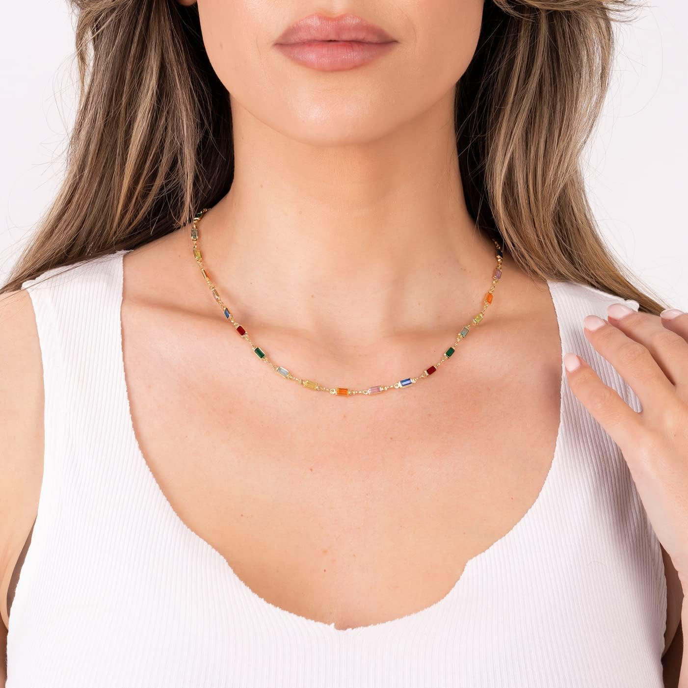 18K Gold Plated Multi Stone Crystal Baguette Necklace for Women – Made in Brazil
