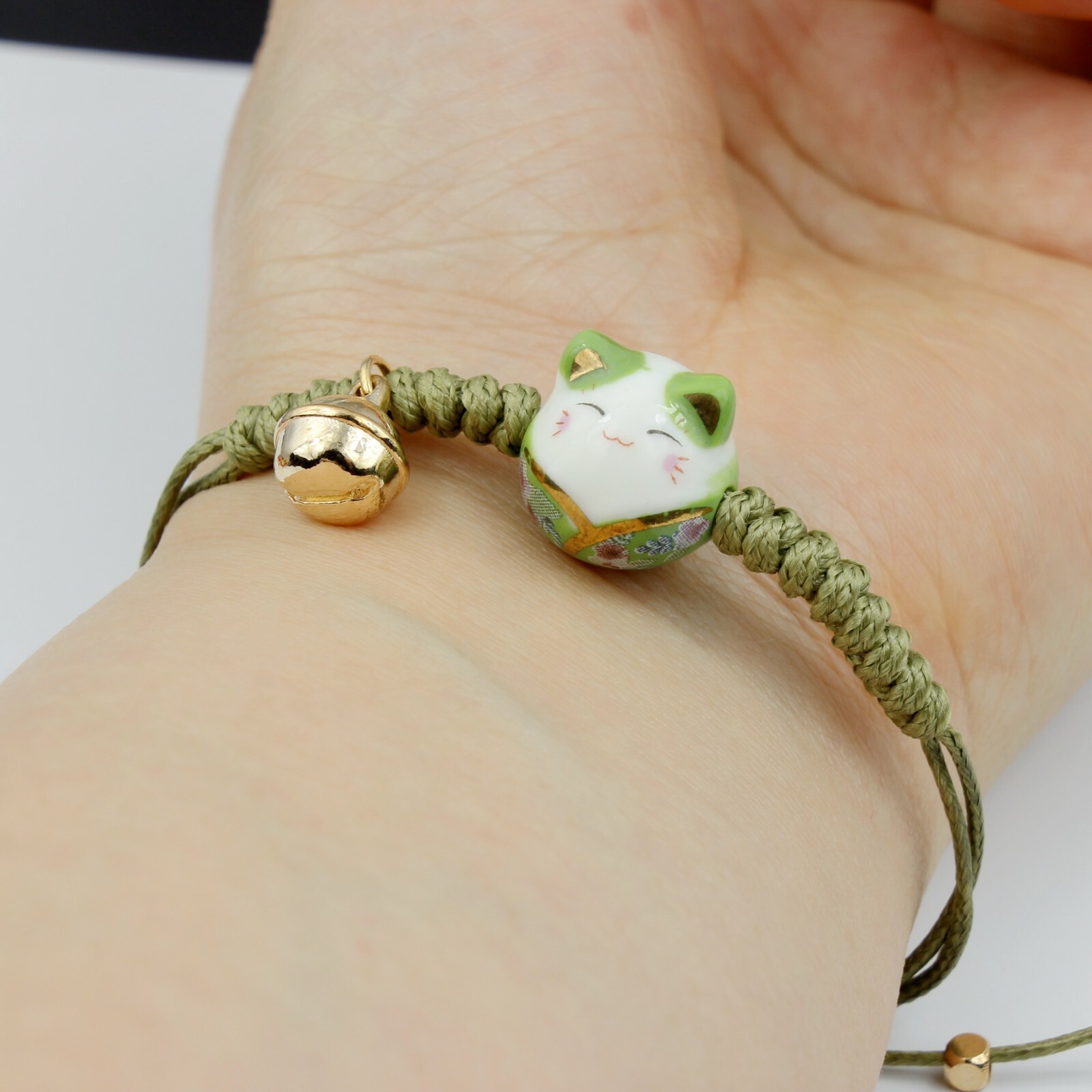 Girl Women Luck Ceramic Fat Cat / Kitty Ball Animal Adjust Rope Bracelet 4-9″