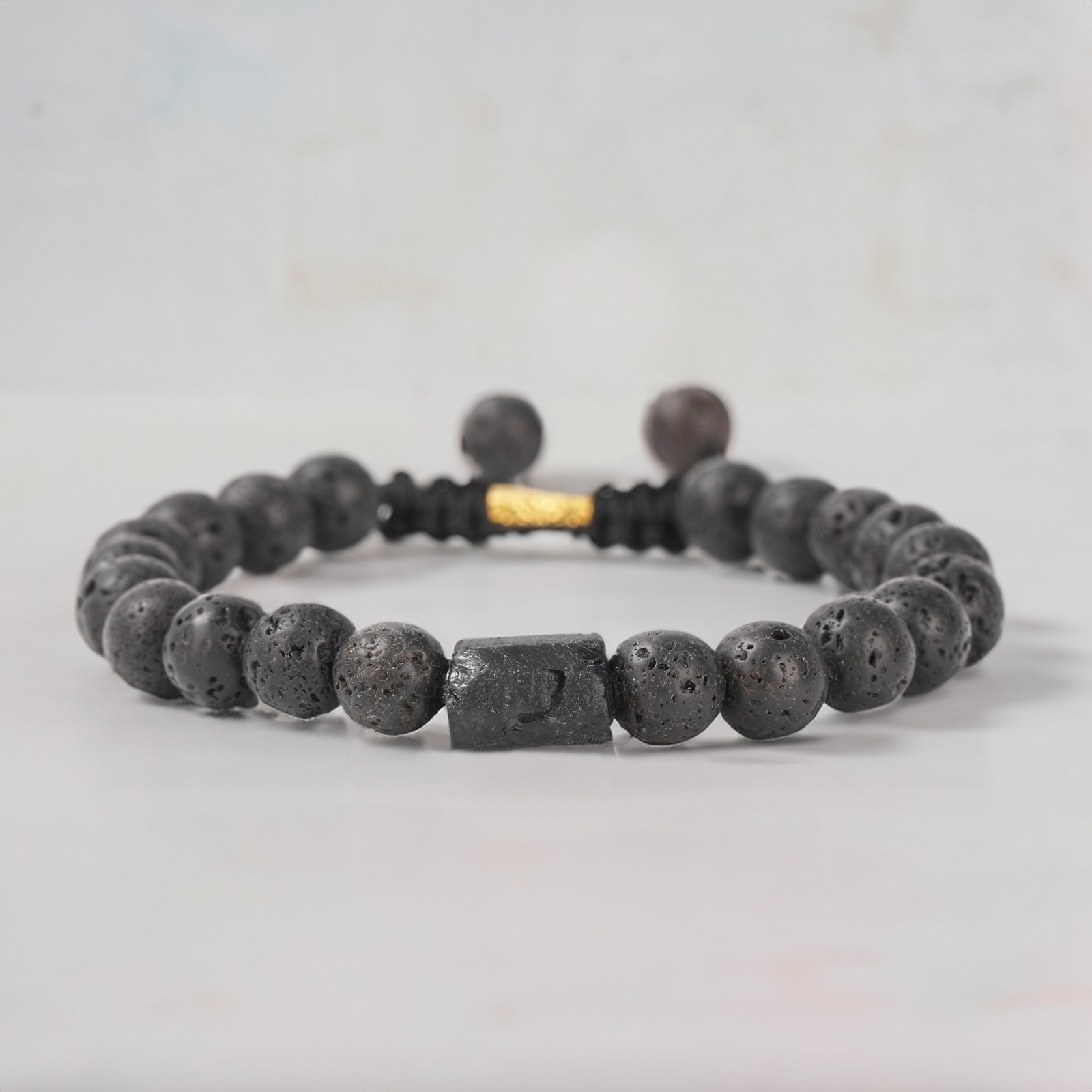 Black Tourmaline Bracelet, Handmade Natural Stone w/ Lava Bead Adjustable String