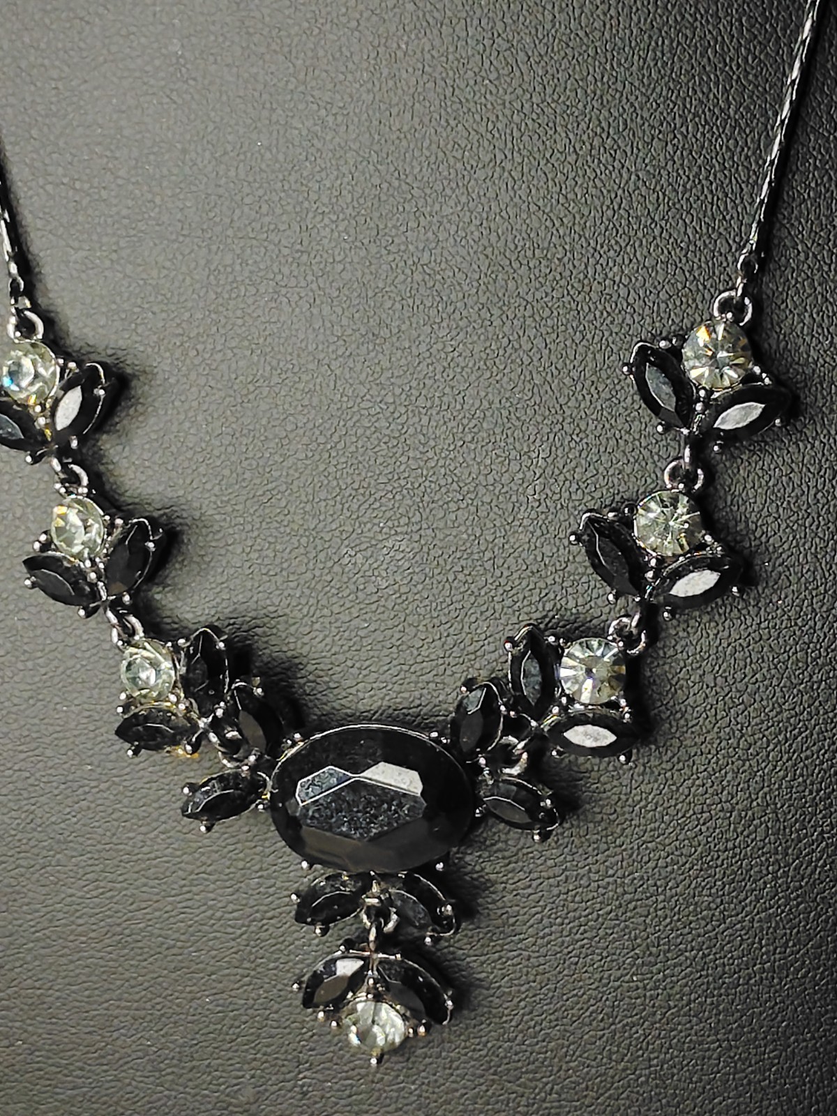 Signed Avon SP Black Rhinestone Statement Bib Necklace Gothic Floral Adjustable