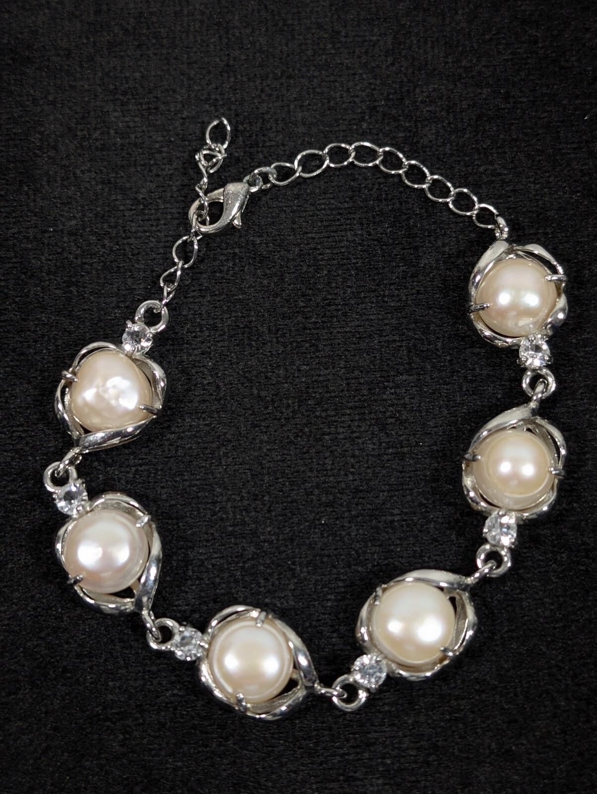 Silver Tone Baroque Button Pearl Rhinestone Tennis Bracelet Bridal Wedding 9 in