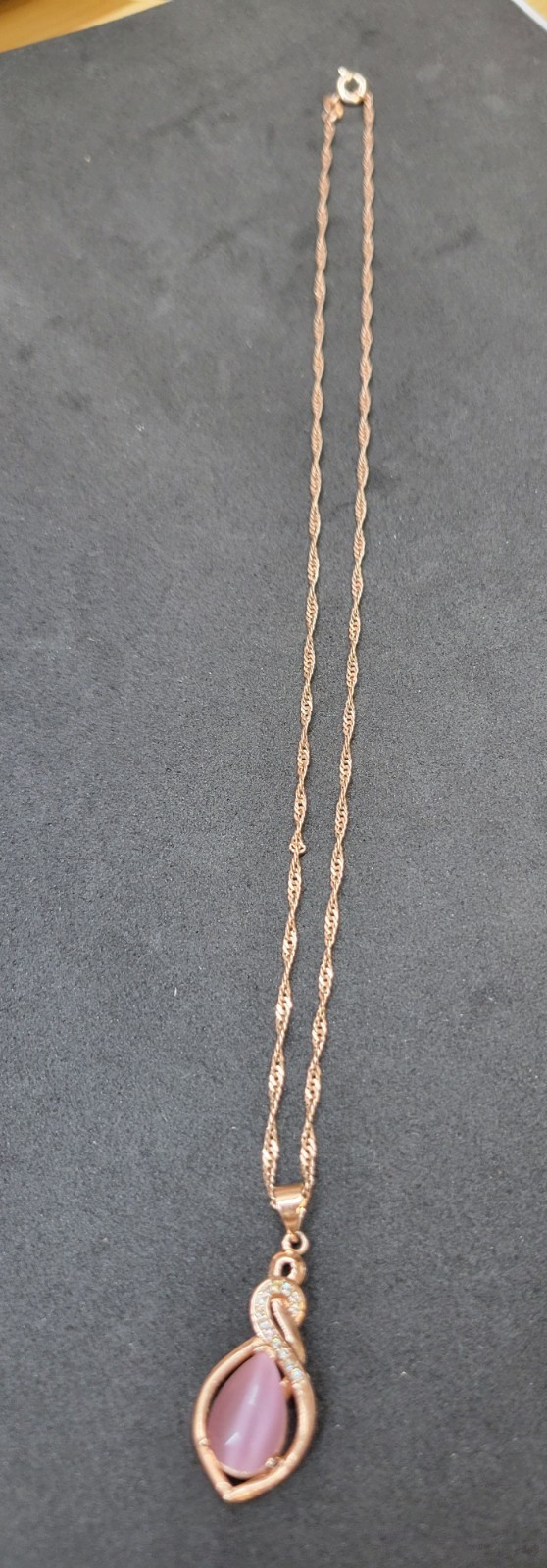 Aloha Moni Pink Opal Pendant and Cubic Zirconia Necklace and pink gold Chain 925