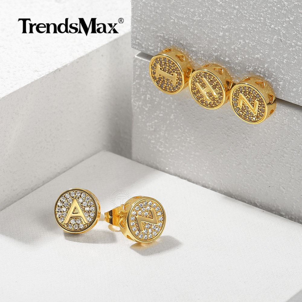 Gold Plated CZ Initial Letter A-Z Stud Earrings Crystal Alphabet for Women Men