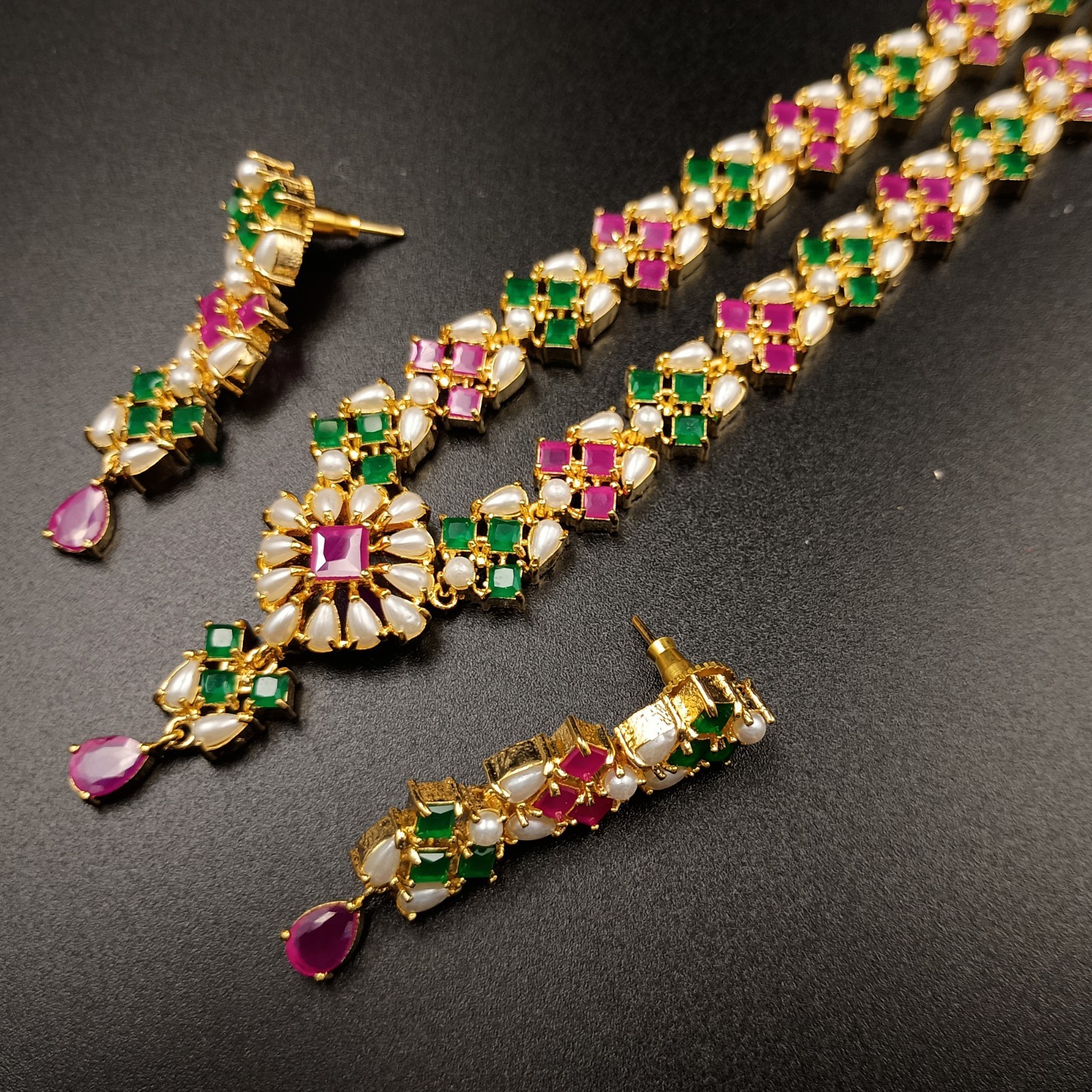 Bollywood Style Ruby Emerald Pearl 22K Gold Plated Jewelry Necklace Earrings Set
