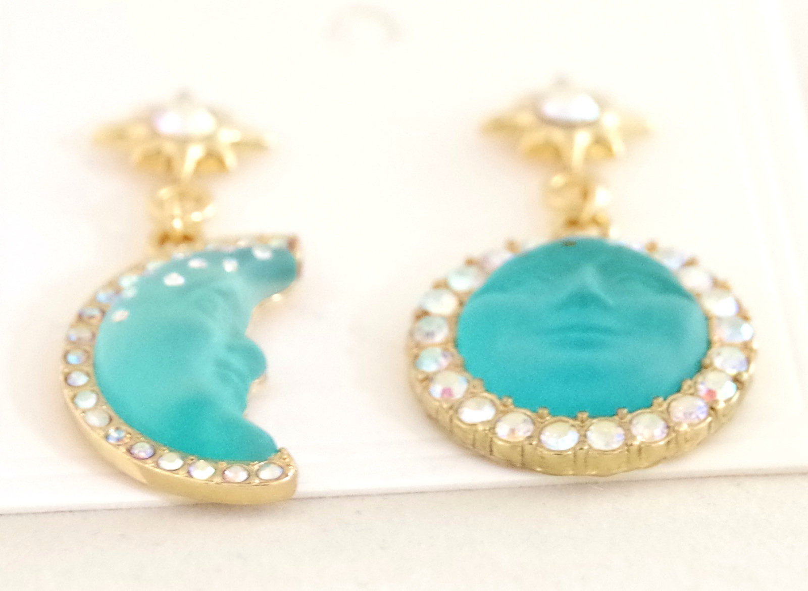 2″ KIRKS FOLLY BLUE SEAVIEW MOON FACE AB CRYSTAL RHINESTONE DROP DANGLE EARRINGS