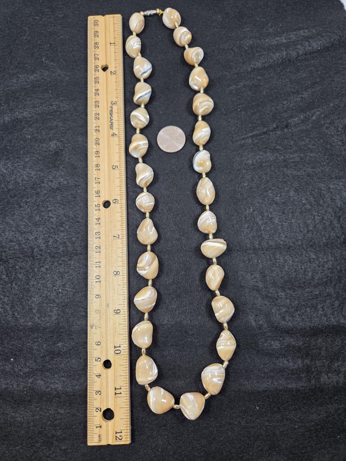 Vintage Natural Polished Shell and Stone Necklace Chunky Earth Tone Swirl Beads