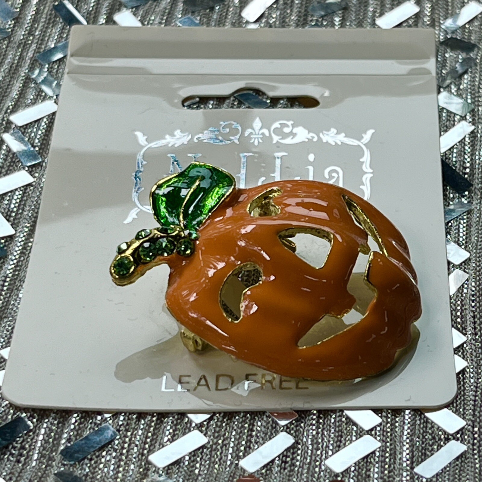 Nollia Orange Halloween Pumpkin Pin Brooch Bling Stem Jack-O-Lantern Ceramic
