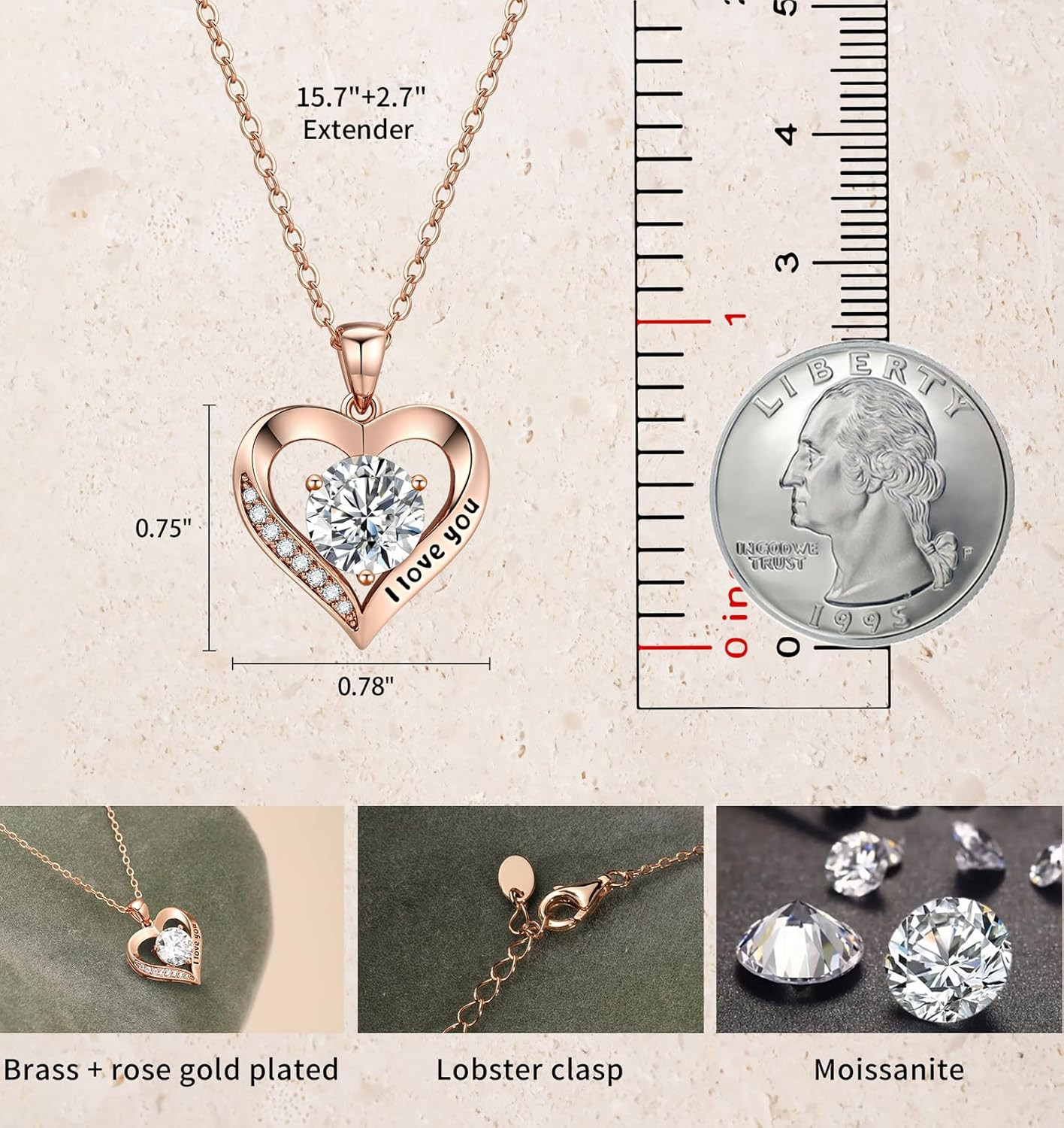 18K Gold Plated Moissanite Heart Cross Necklace for Women Anniversary Birthday G
