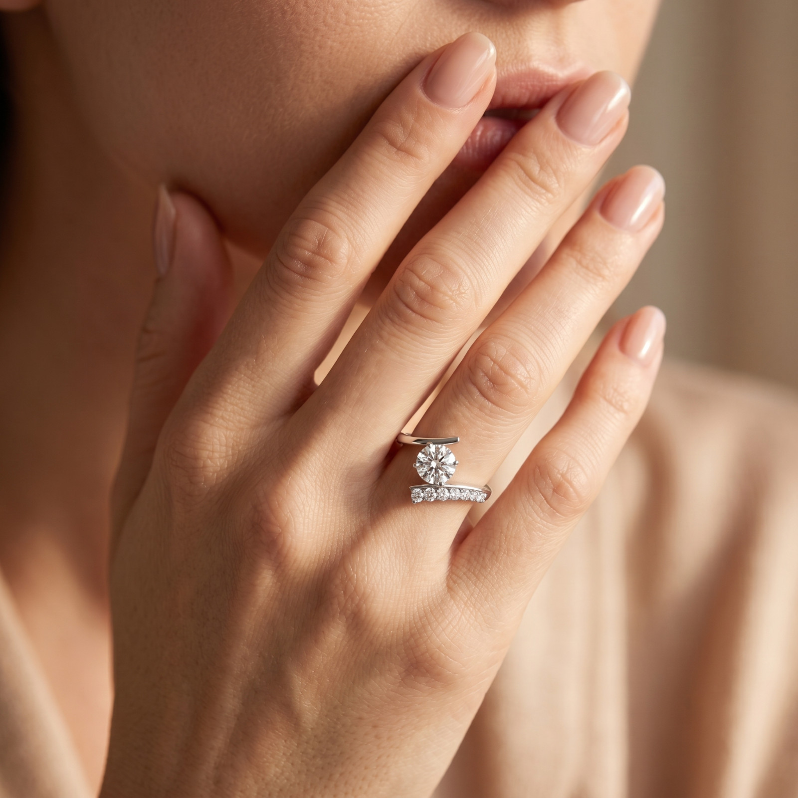Round Cut CZ Engagement Ring, Cubic Zirconia Solitaire Ring, Bypass Promise Ring