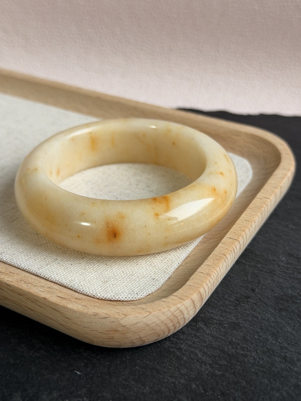 Natural Shoushan Jade Bangle 53.8mm Cream Ivory Jade with Honey Gold Inclusions