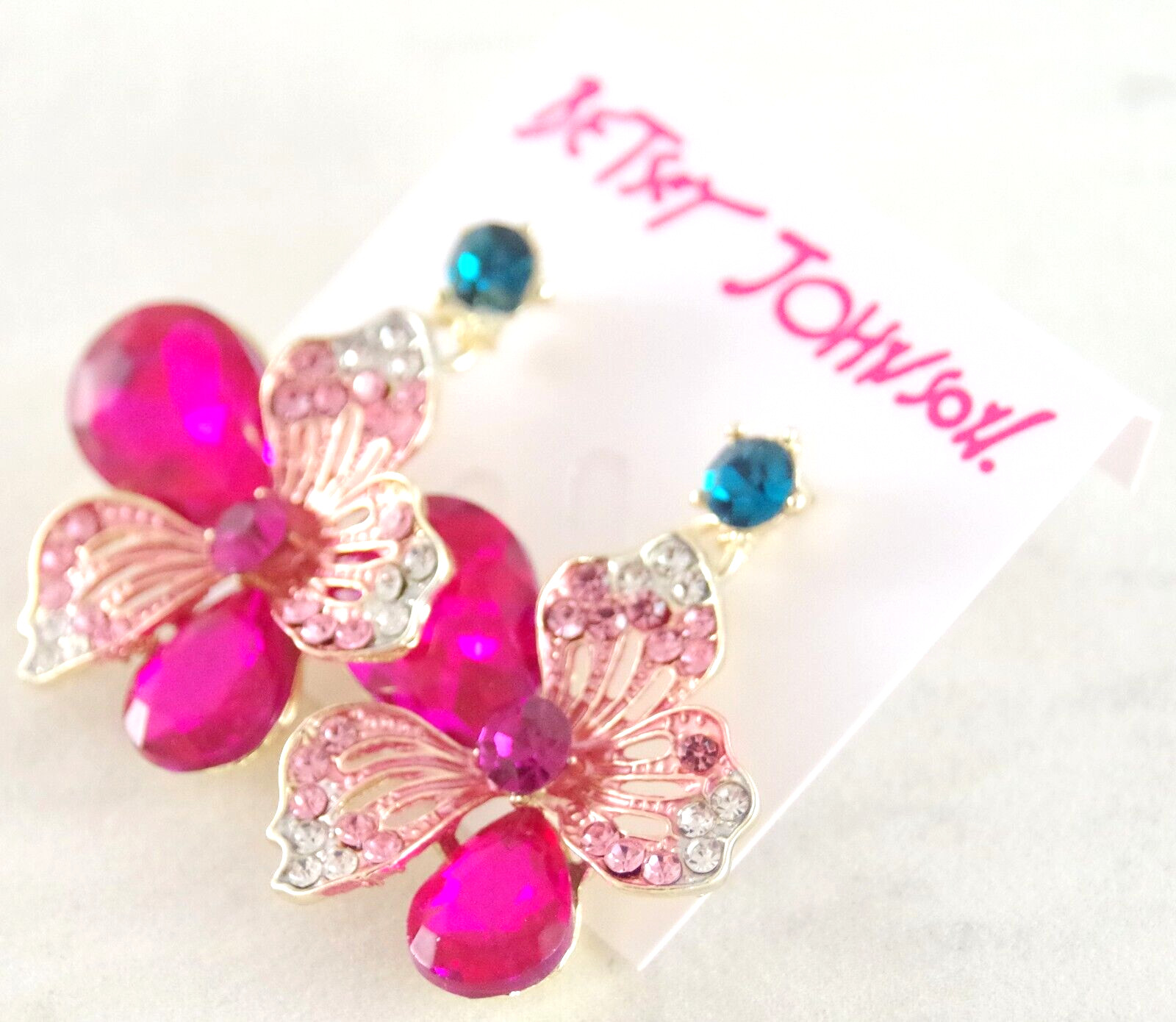 BETSEY JOHNSON MULTICOLOR CRYSTAL FLORAL NECKLACE FLOWER DROP DANGLE EARINGS SET