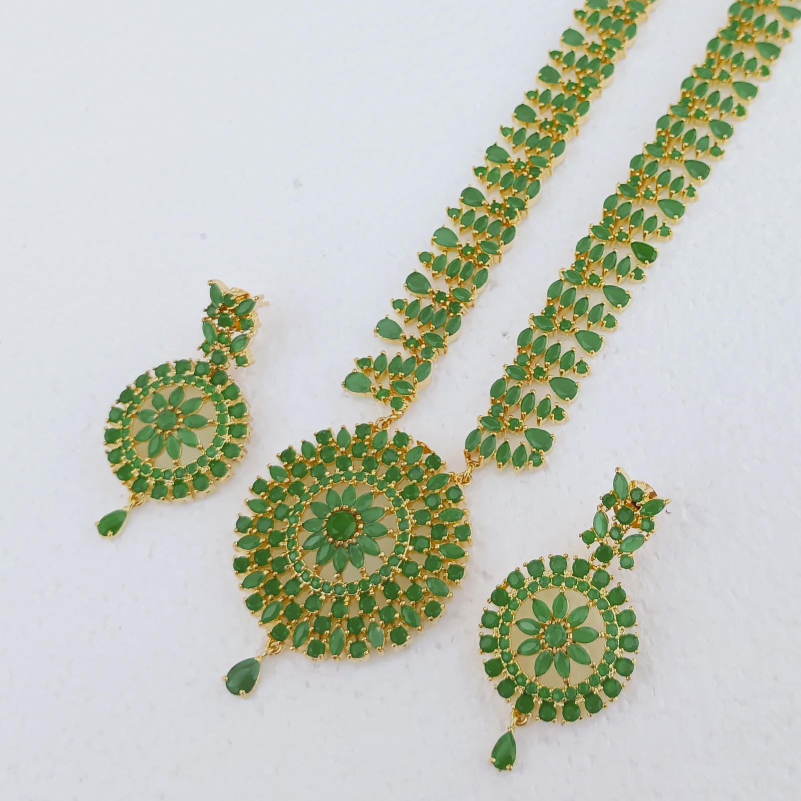 22K Gold Plated Long Emerald Necklace Earrings Set Anniversary Birthstone Gift