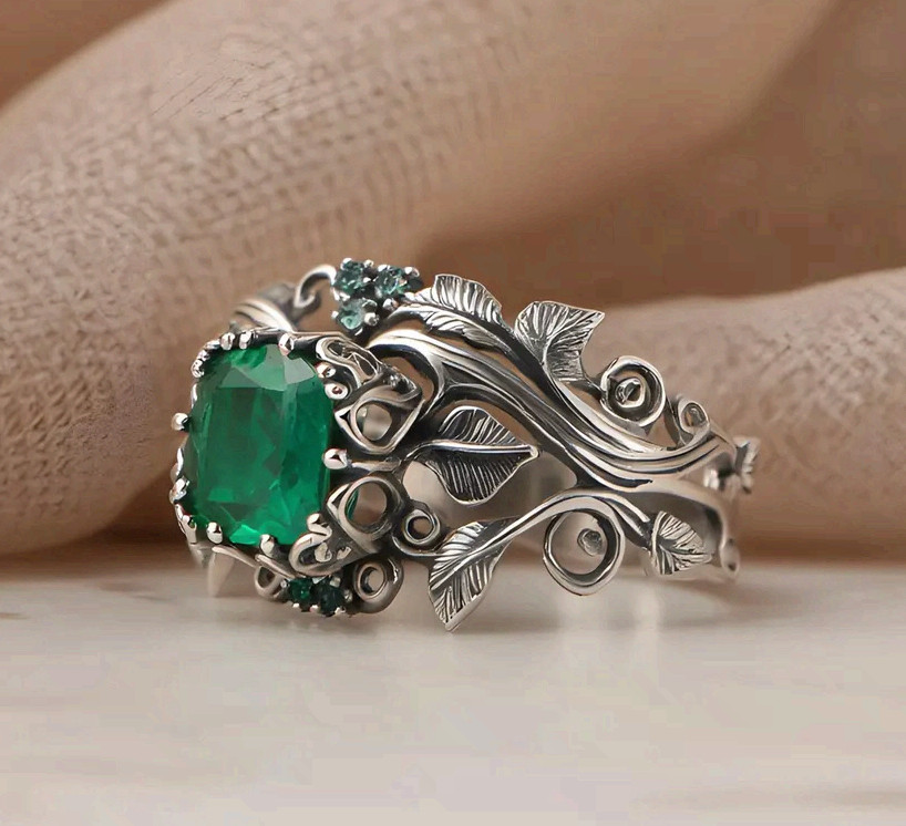 Stainless Steel Statement Ring with Green Emerald Stone