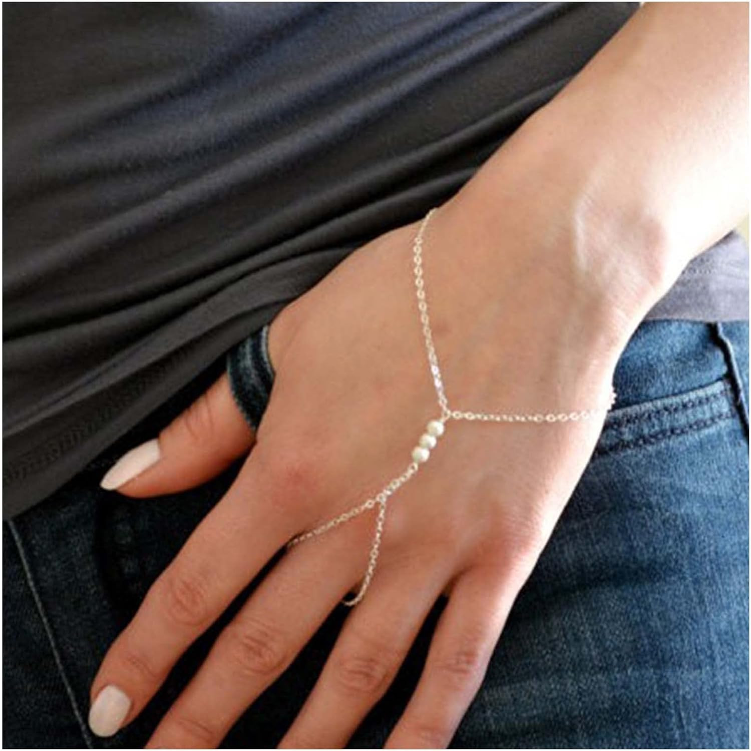 Boho Pearl Finger Ring Bracelet Silver Slave Chain Bracelet Minimalist Ring Wris