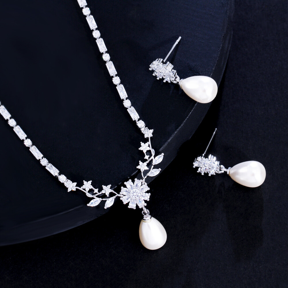 Top Silver Plated CZ Flower Leaf Tennis Pearl Drop Necklace Earrings Jewelry Set