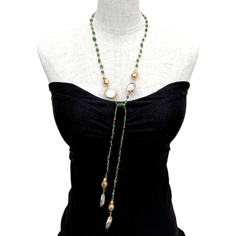 Natural Green Diopside Cultured White Coin Pearl Long Necklace 41″