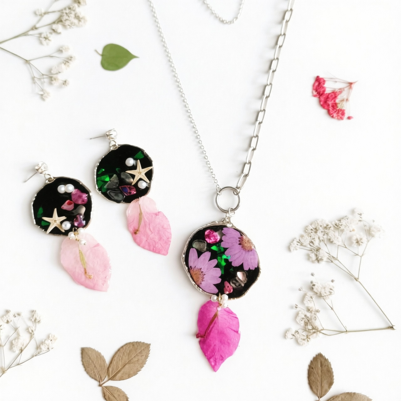 Real Starfish Bougainvillea Leaf Necklace Earrings Set Resin Pearl Flower Gift