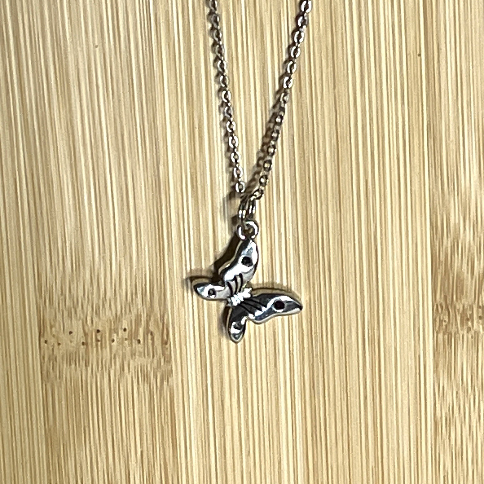 Silver Butterfly Pendant Necklace 4 Purple Rhinestones 17 In Chain Lobster Clasp