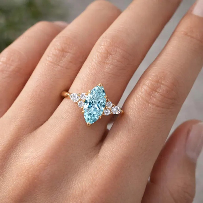 Aquamarine Ring, Gold Alloy, Anniversary Birthday Gift For Her, Women Ring