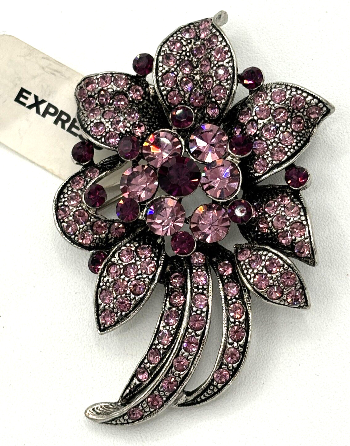 Express Crystal Floral Rhinestone Brooch PurplePink Silvertone Statement Pin NWT
