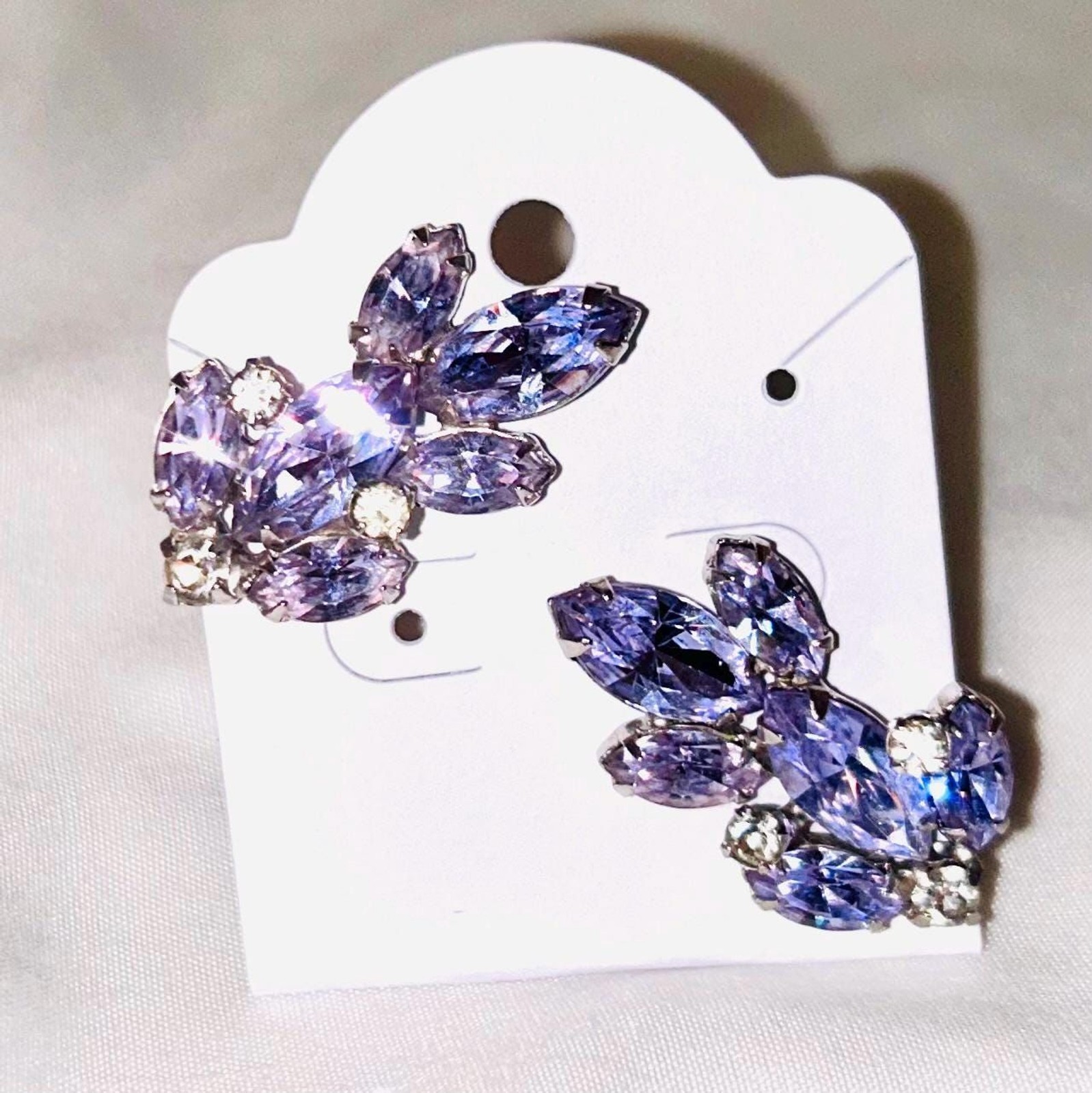 WEISS signed Lilac Lavender Pale Purple Rhinestone Vintage Clip Earrings.