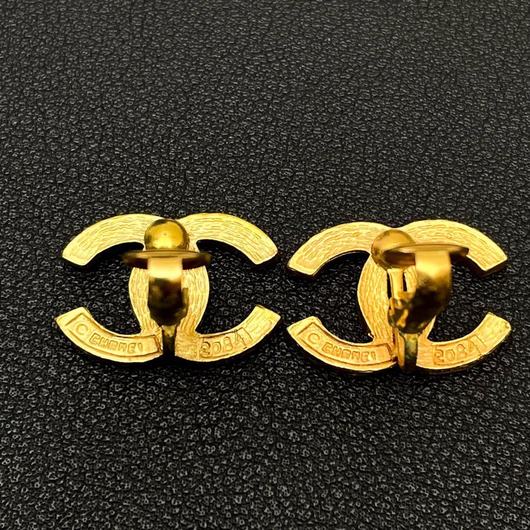 CHANEL CC Logo Coco Mark Earrings Gold Rhinestone Clip On No Box Vintage